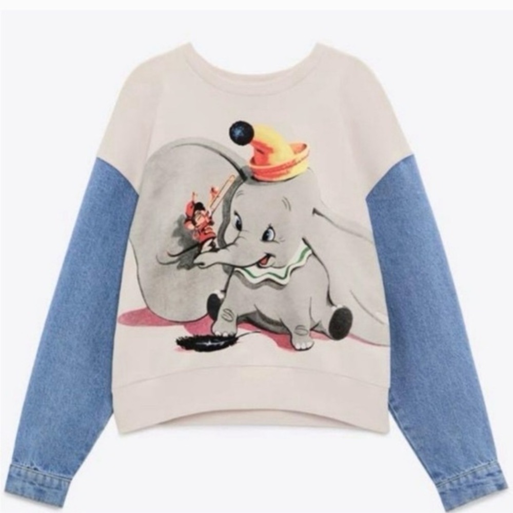 Zara Dumbo Sweatshirt women’s medium Disney Cream Blue denim Jean sleeves